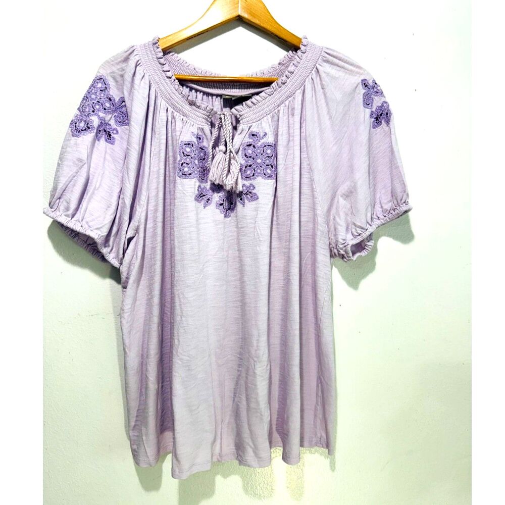 Style & Co. bohemian t shirt peasant embroidered lavender 100% cotton women 3X
